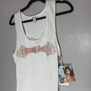 NWT Dereon White Ribbed Tank Top Pink Rhinestone Logo Y2K